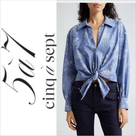 Cinq à Sept Blouse Abrielle Embroidered Blue Chambray Cotton Tie Hem Shirt XS - Picture 1 of 7